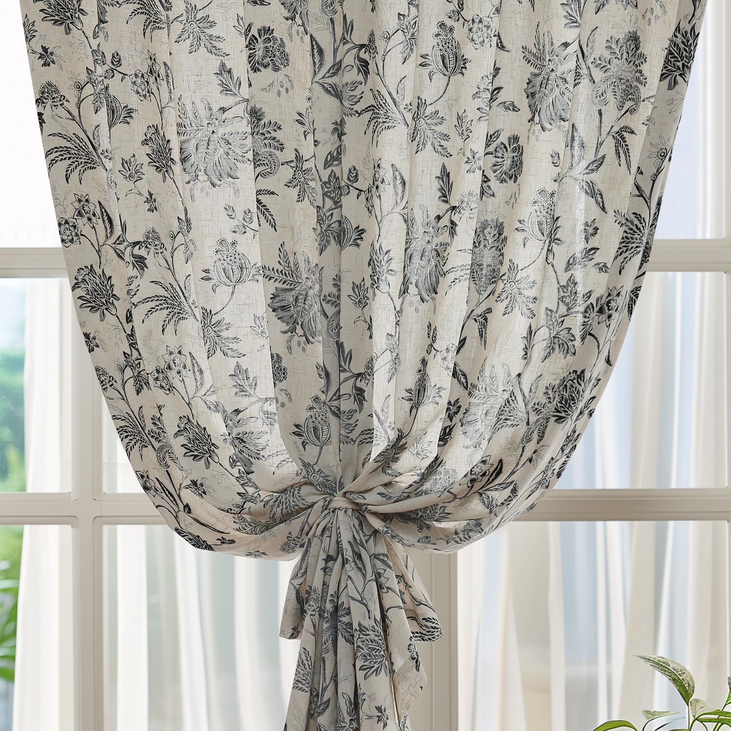 jinchan Linen Floral Curtains for Living Room with Printed Flower 84 Inches Long Light Filtering French Country Back Tab Rod Pocket Black Window Curtain Set Farmhouse Drapes 2 Panels Black