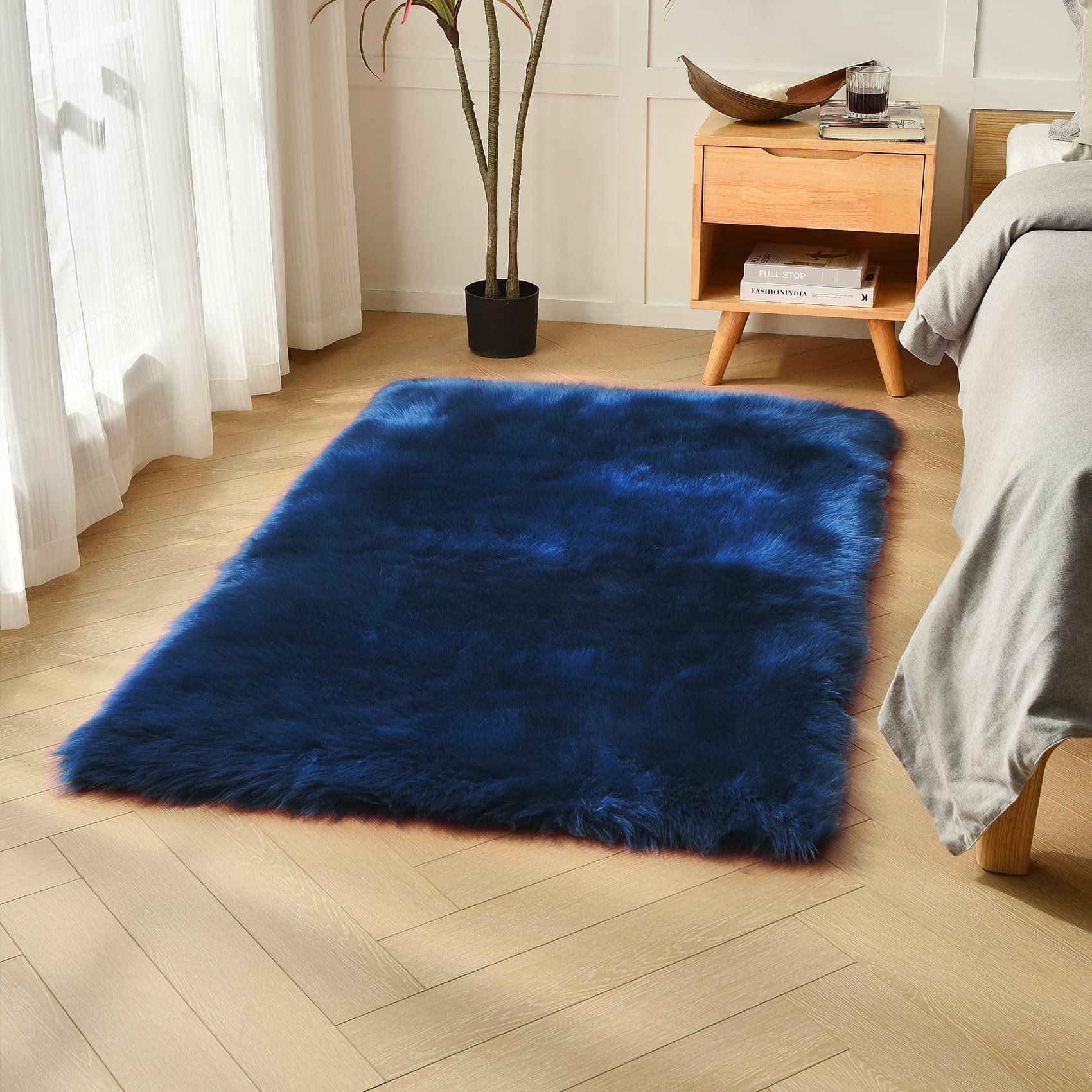 duduta Navy Blue Faux Sheepskin Fur Rug 3x5 ft, Fluffy Carpet Rug