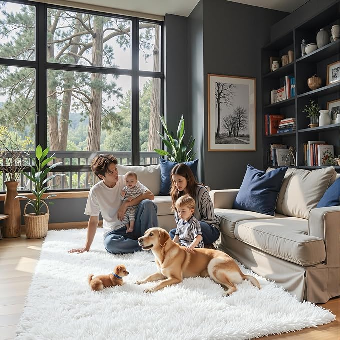 5x8 White Shag Area Rug for Living Room, Fluffy Plush Carpet