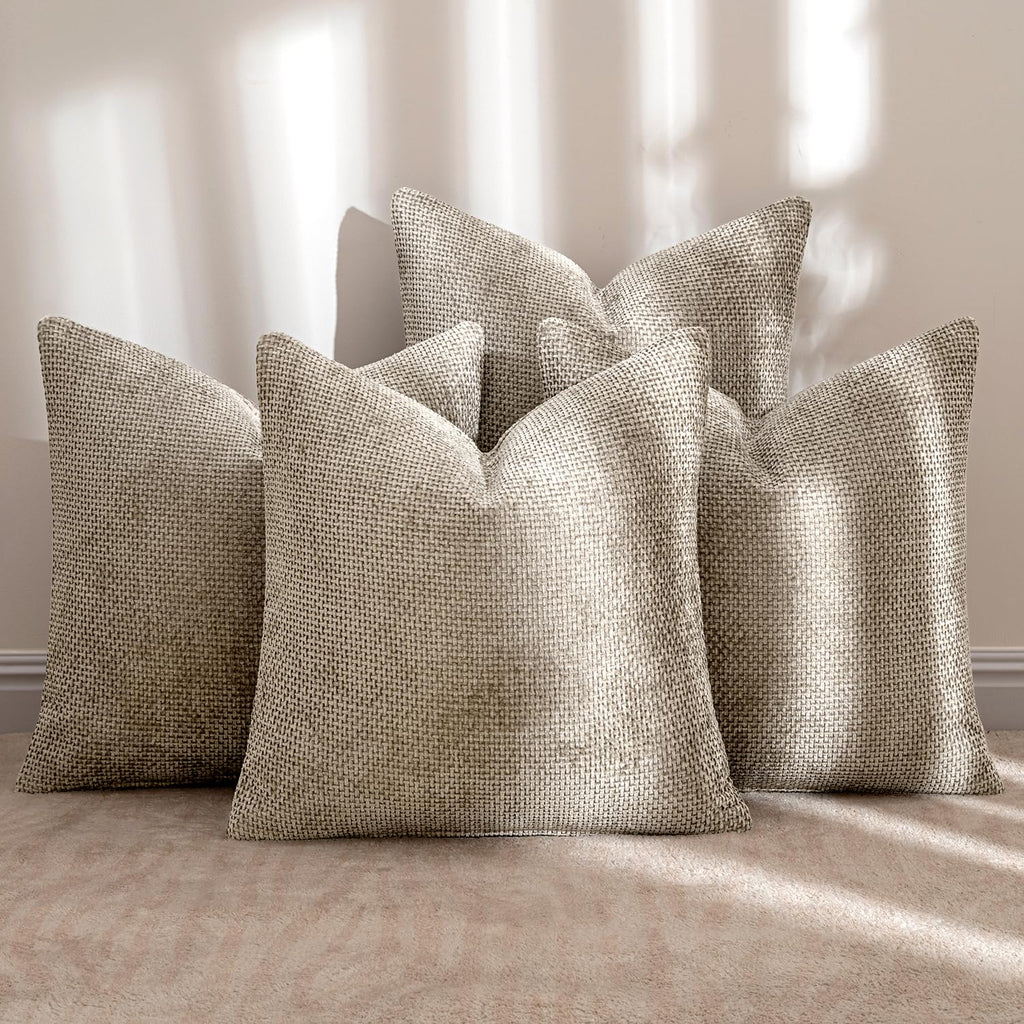 MIULEE Soft Decorative Chenille Pillow Covers Khaki 18x18 Pack of 4