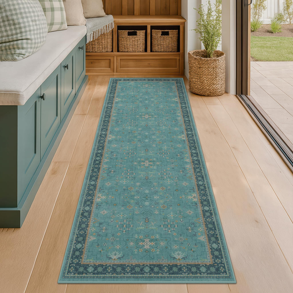 Boho 2'6"x10' Wide Hallway Runner Rugs - Teal 10ft Long Washable Indoor Floor Mats for Entryway, Non Slip with Rubber Backing, Floral Aqua Blue Unique Runner Décor