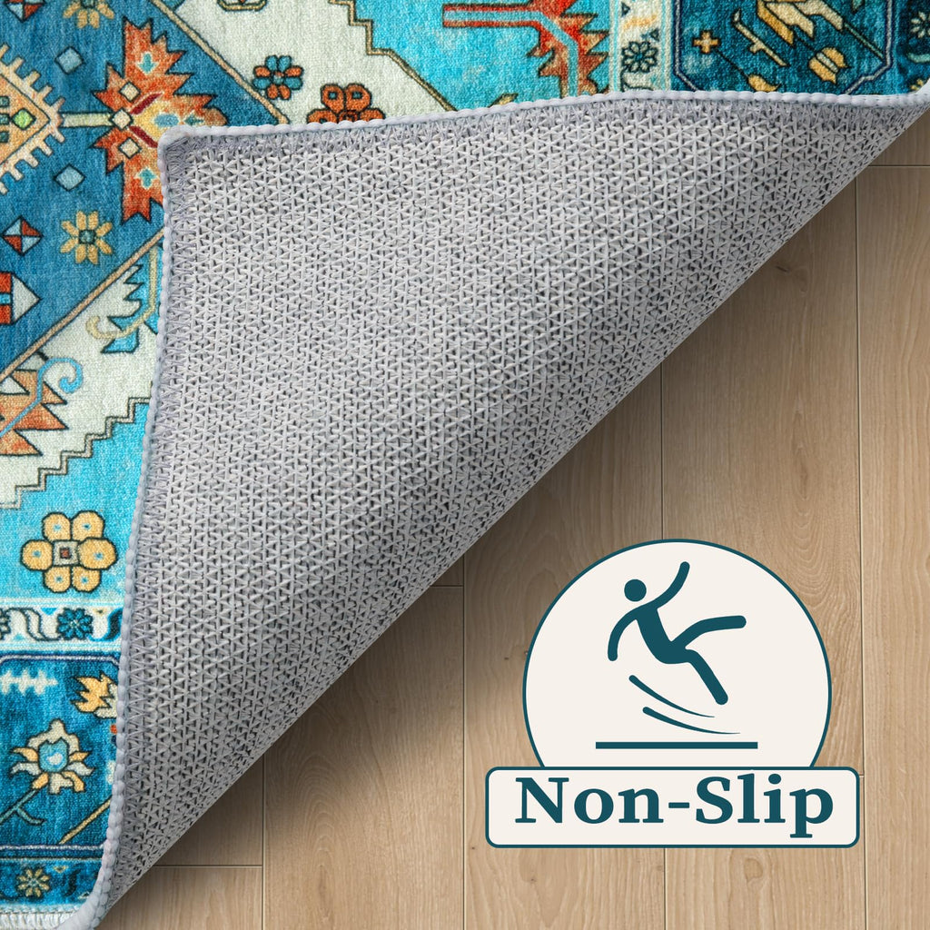 SERISSA 5ft Washable Non Slip Round Boho Area Rug for Bedroom，Blue