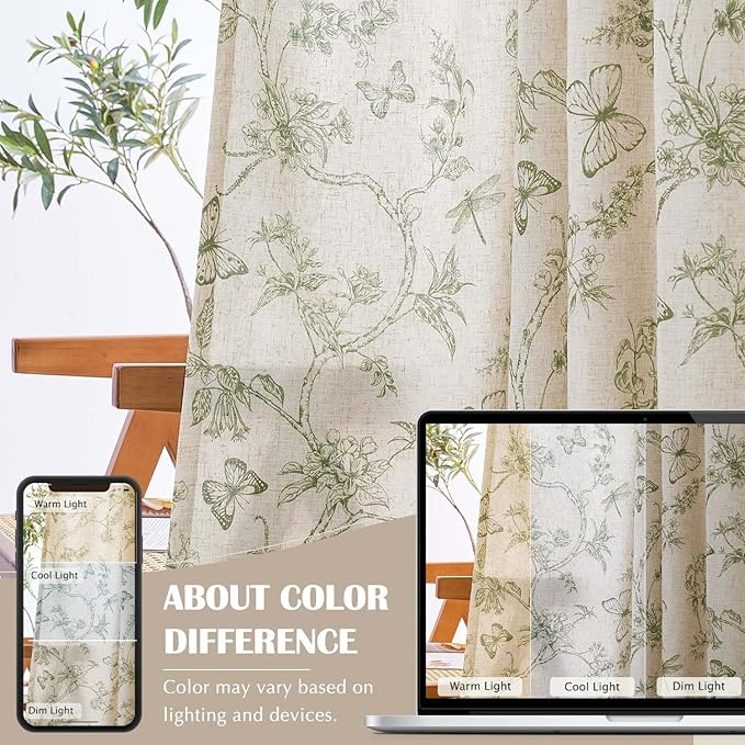 jinchan Green Floral Linen Curtains Lined 84 Inch Vintage Back Tab 2 Panels
