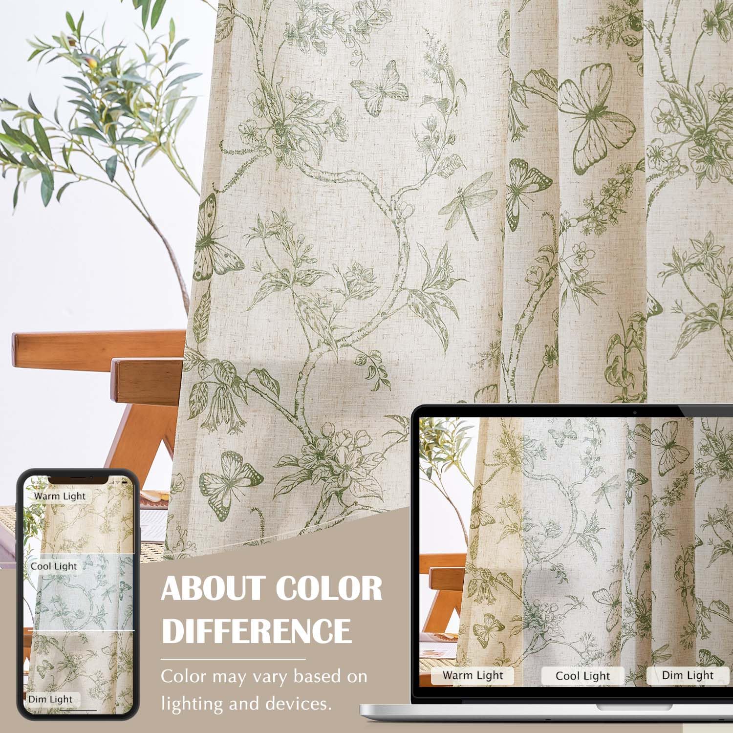 jinchan Green Floral Linen Curtains Lined 63 Inch Vintage Back Tab 2 Panels