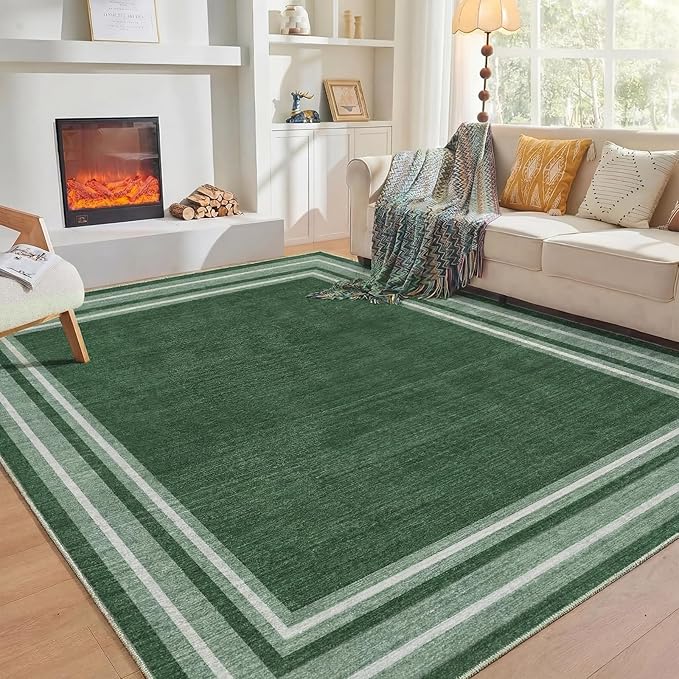 OPPODREAM Border Soft Area Rugs 8x10, Washable Green Rug with Non Slip Backing, 8 x 10 Faux Cashmere Low-Pile 8x10 Carpet