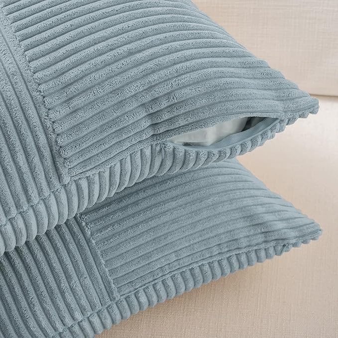 Fancy Homi 2 Packs Light Blue Lumbar Decorative Throw Pillow Covers 16x26 Inch for Living Room Couch Bed, Rustic Farmhouse Boho Home Decor, Soft Striped Corduroy Rectangle Accent Cushion Case 65x40 cm