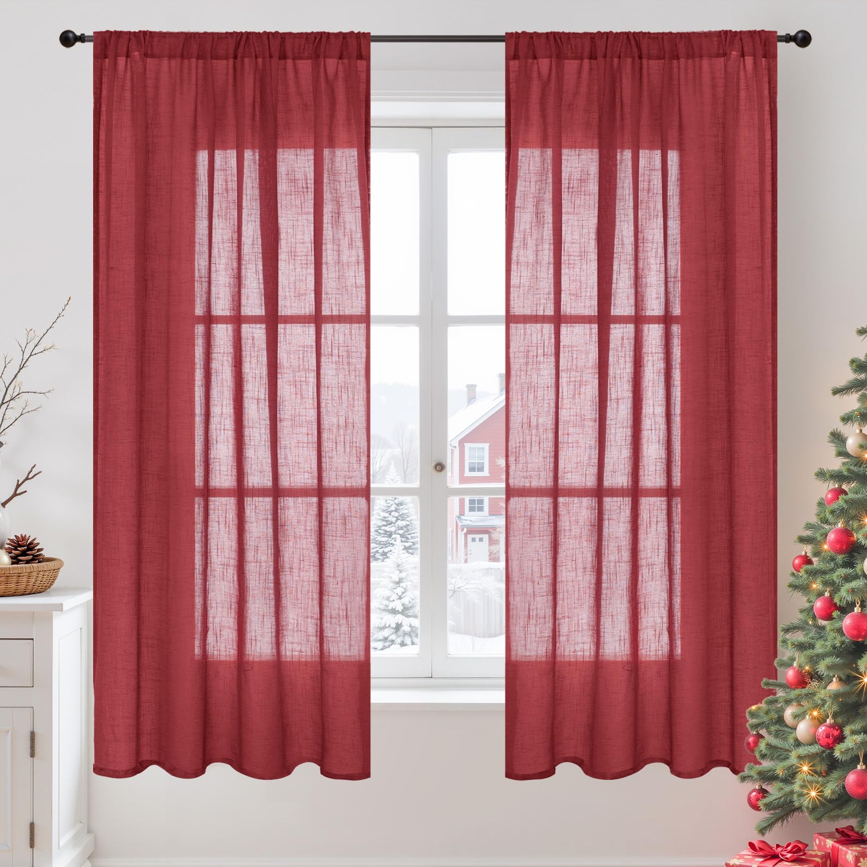 BGment Burgundy Linen Curtains 63 Inches Long for Living Room, Semi Sheer Window Drapes Lightweight Rustic Country Textured with Rod Pocket for Dining Bedroom, 2 Panels, Each 42 Inch Wide