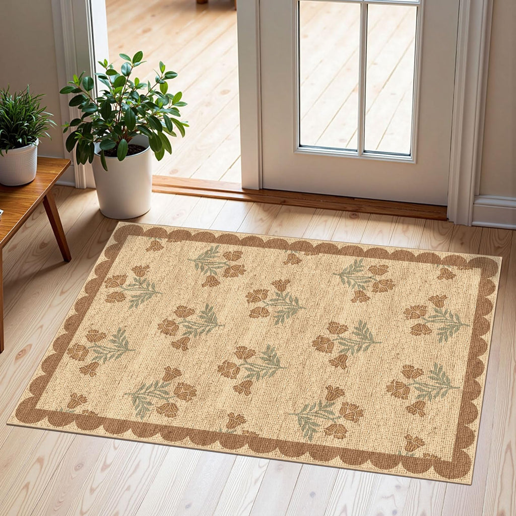 Othilic Front Door Mat Outside Entrance - 2x3 Floral Non-Slip Washable Doormat Indoor Outdoor Mat Jute-Look Farmhouse Tan Scalloped Entry Rug Small Throw Rugs for Entryway Kitchen Front Porch Decor