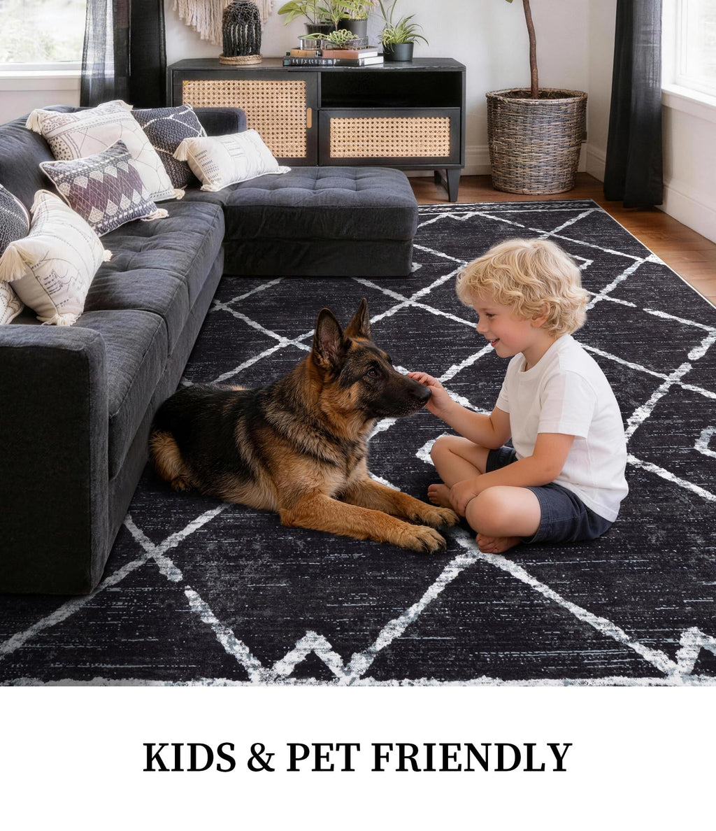 YIHOUSE Moroccan Rugs for Living Room, 8x10 Black and White Aztec Area Rug, Western Geometric Soft Low-Pile Washable Rugs for Bedroom, Dining Room