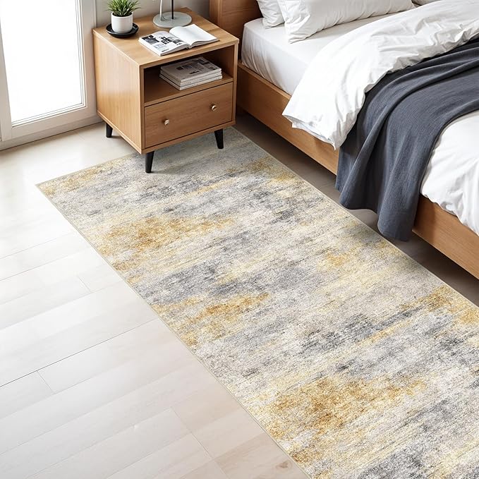 3x7 Runner Rug Washable Abstract: Non Slip Hallway Floor Mat Grey/Yellow