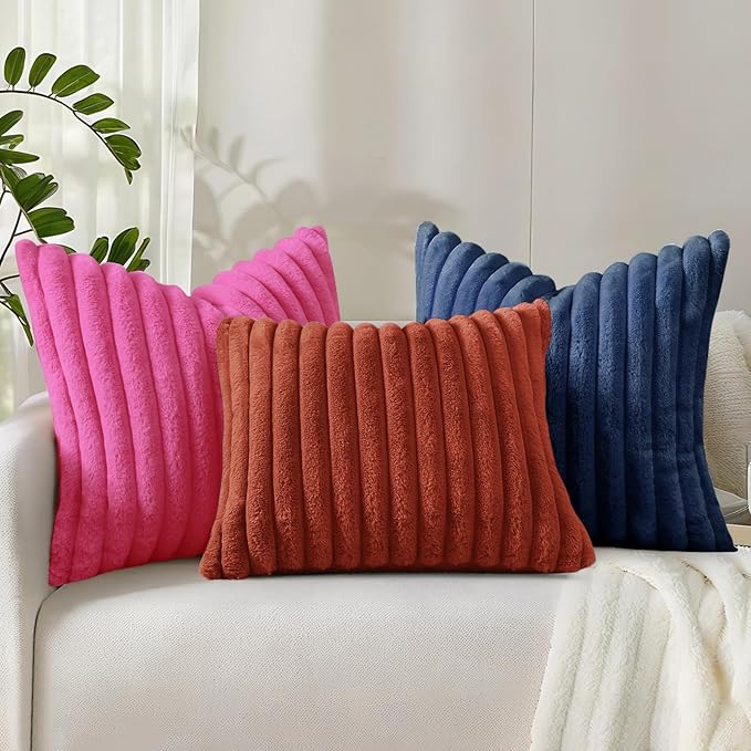 decorUhome Summer Cozy Faux Fur Throw Pillow Covers 22x22 Set of 2 Decorative Soft Plush Striped Modern Farmhouse Boho Couch Euro Sham Pillow Cases with Velvet Back for Sofa Bed Living Room, Hot Pink