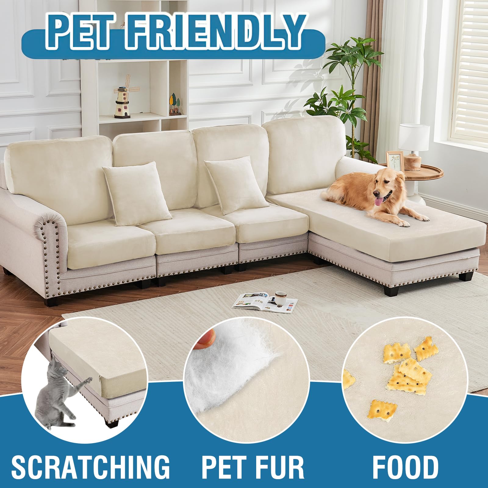 Taque Couch Cover Stretch Velvet Sofa Cushion Cover 1-Piece - Elastic Washable Slipcover for Seat or Backrest, Couch Seat Covers for Sofas (Cream)