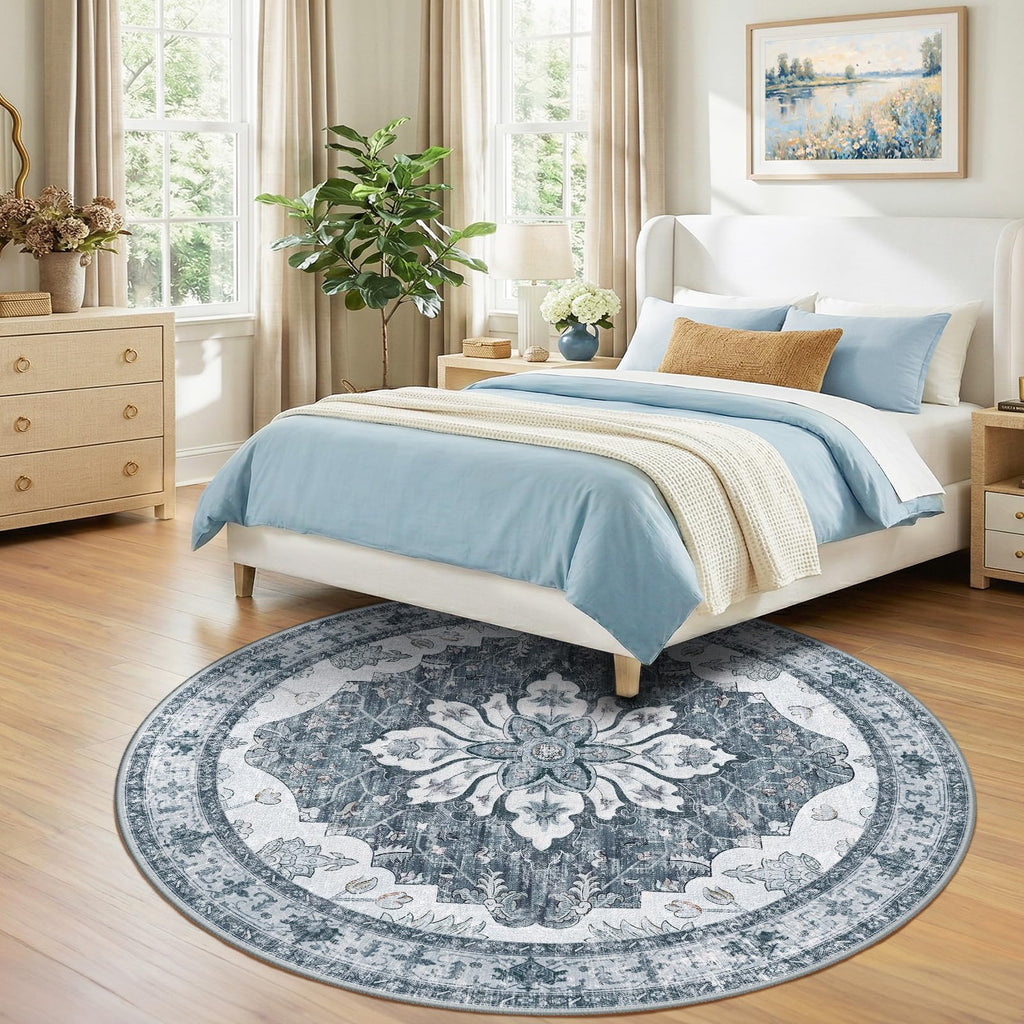 RELEANY Washable Area Rug, Round 7ft, Grey/White/Beige