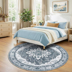 RELEANY Washable Area Rug, Round 7ft, Grey/White/Beige