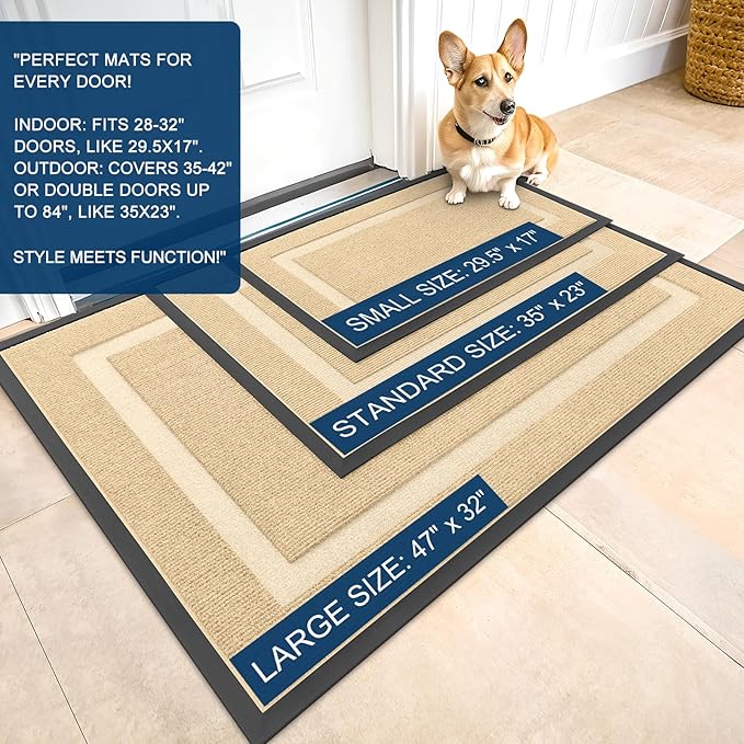 OLANLY Front Door Mat Indoor Outdoor Entrance, Waterproof All-Season, All-Weather Doormat, Sturdy Natural Rubber, Fade Resistant, Low Profile, Easy Clean Patio Porch Entryway Mat, 47x17, Beige