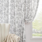 jinchan Linen Floral Curtains for Living Room, 96 Inch Length Curtains with Printed Flower Light Filtering Curtain, Rod Pocket Back Tab Gray Window Curtain Set 2 Panels Light Grey on White