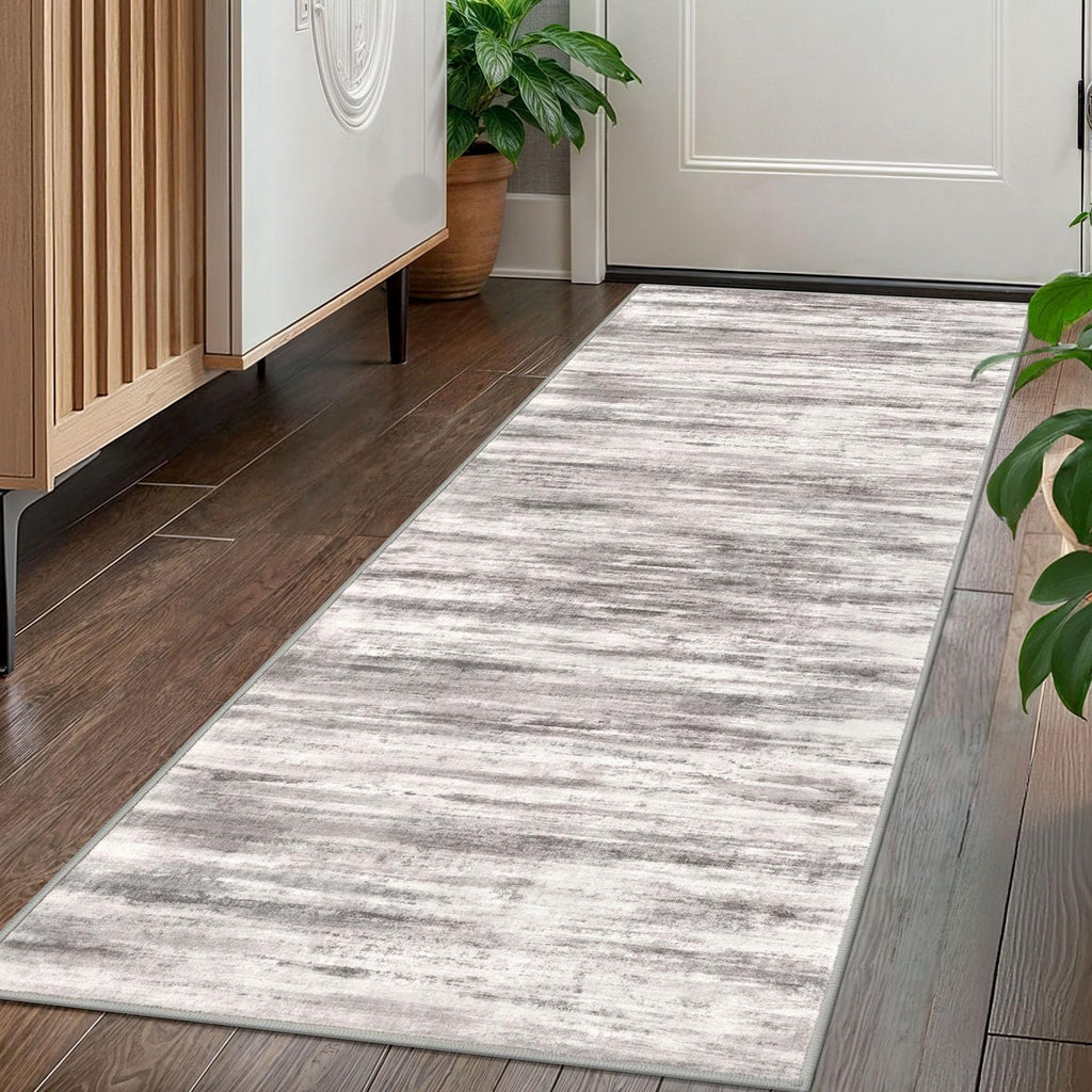KOZYFLY Modern Abstract Washable Rug Runner 2x5 Hallway Rug Runner Non-Slip Soft Kitchen Runner Rugs, Grey/Light Beige/Brown Striped Carpet for Entryway Bathroom