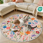Round Area Rug for Living Room: 4 ft Floral Washable Circle Rug Soft Boho Non-Slip Carpet Indoor Stain Resistant Low Pile Small Circular Rug for Bedroom Entryway Kitchen Nursery Home Office Beige
