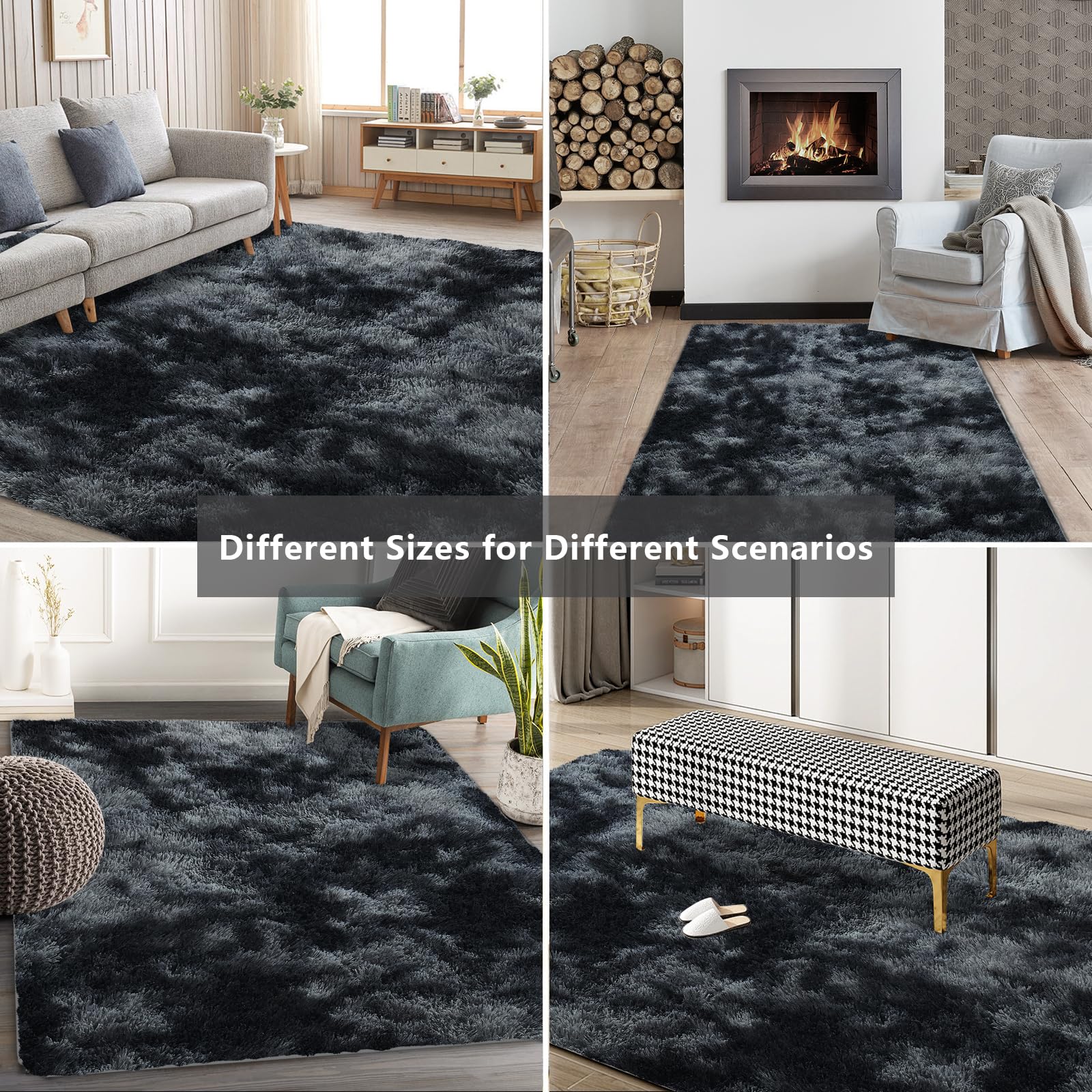10X14 Large Area Rugs for Living Room Bedroom,Big Shag Rug for Bedroom Dorm,Soft Fluffy Indoor Carpet Plush Rugs for Living Room Home Decor(Mottling Black, 10X14 Feet)