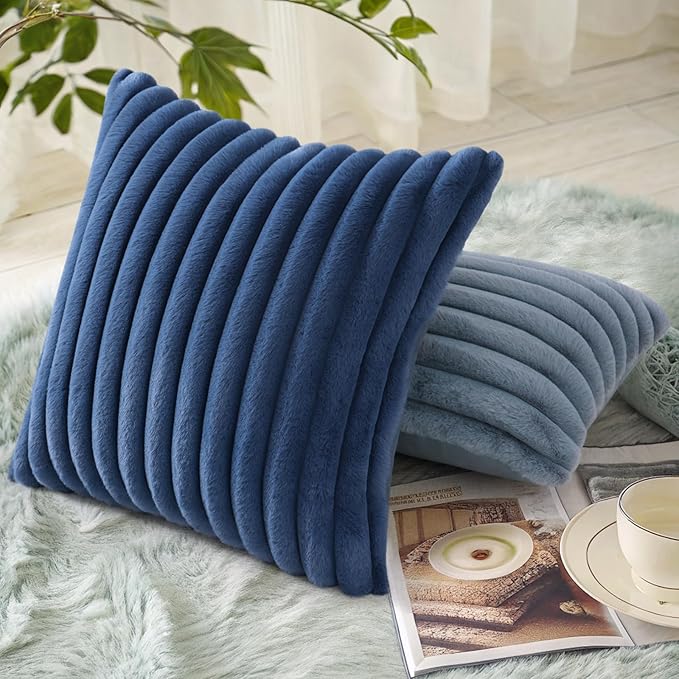 decorUhome Cozy Faux Fur Throw Pillow Covers 20x20 Set of 2 Decorative Soft Plush Striped Modern Farmhouse Boho Couch Pillow Cases with Velvet Back for Sofa Bed Living Room, Blue