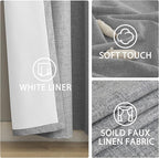 Yakamok Dove Grey Linen Curtains 100% Blackout 63 Inches Long,Room Darkening Textured Curtains for Living Room Thermal Grommet Bedroom Drapes 2 Panels with Greyish White Liner