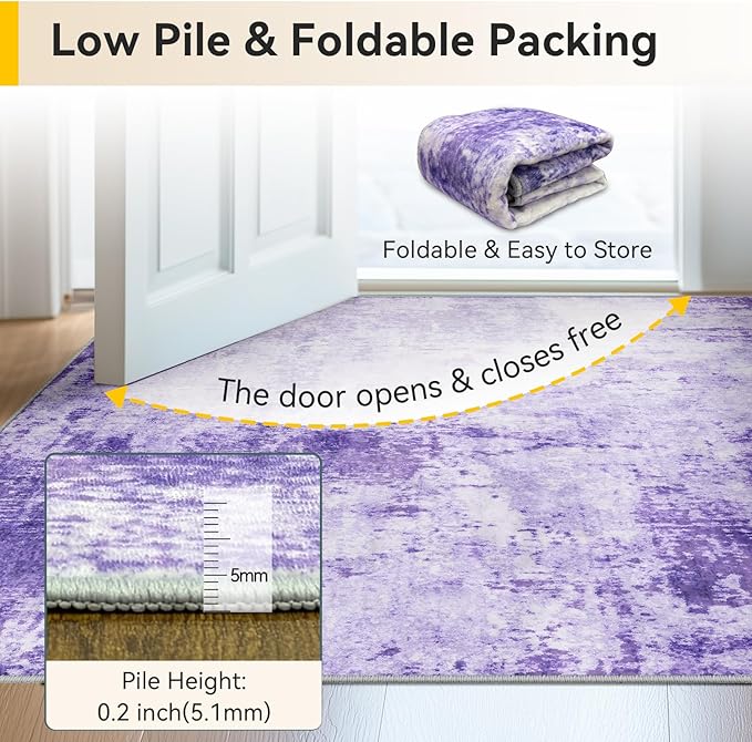 Washable Area Rugs 2'x10' Non-Slip Modern Abstract Soft for Living Room Entryway Bedroom Nursery, Print Pattern, Purple Gray Pink White