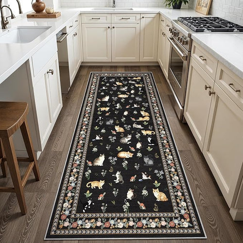 2x6 Washable Kitchen Runner rug: Floral Cat Print Low Pile rugs Black