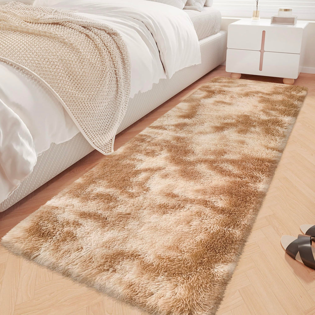 JiaoBaba Super Soft Fluffy Living Room Area Rugs 2x6 ft Tie-Dyed Beige Shaggy Furry Carpet Washable Non-Slip Floor Rug Bedroom Bedside Nursery Rug Fuzzy Girls Boy Reduce Noise Dorm Home Decor