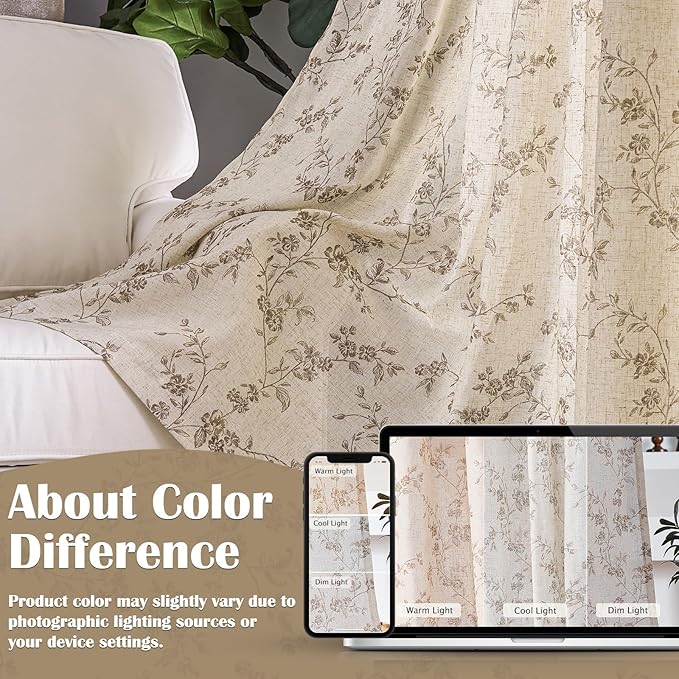 Lazzzy Taupe Vintage Floral Linen Curtains Farmhouse 50W X 84L 2 Panels
