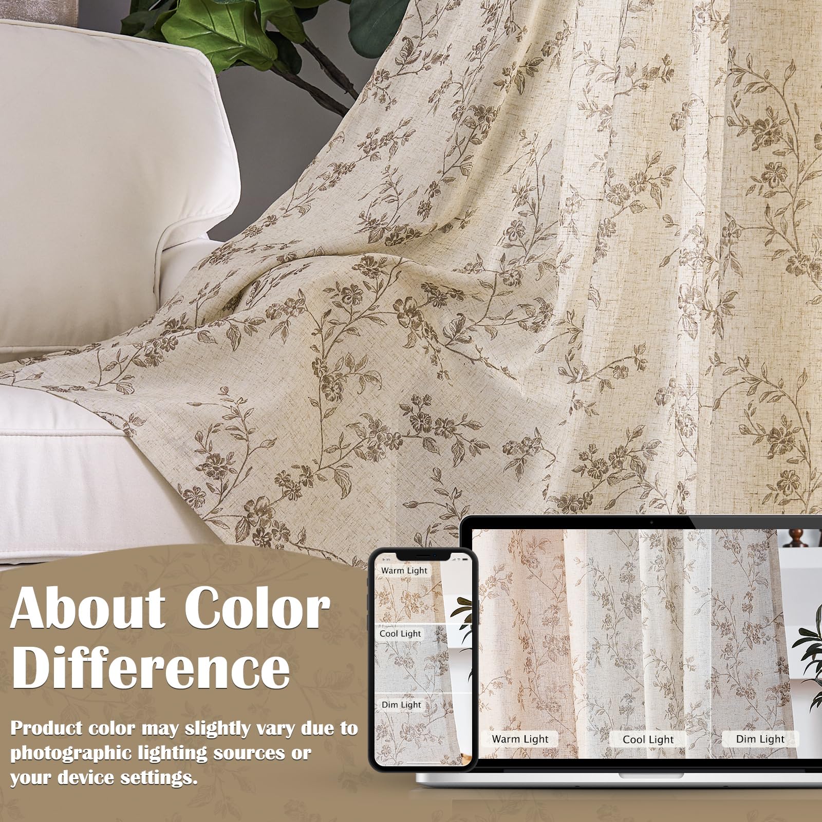 "Lazzzy Farmhouse Polyester blended Curtains Taupe Floral Curtains 96 Inch Length Back Tab Drapes for Living Room Bedroom Light Filtering Country Vintage Rod Pocket Curtain, 2 Panels, Taupe on Beige