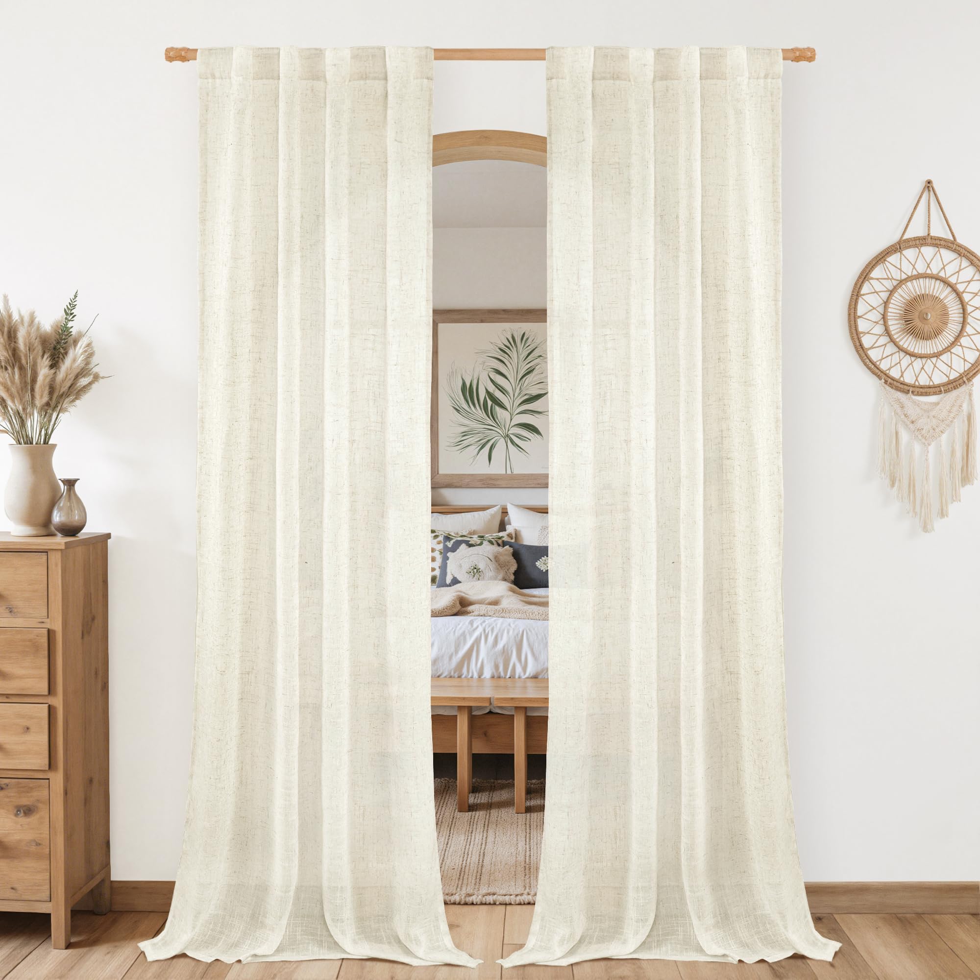 LAMIT Natural Linen Boho Curtains 80 inch Length for Bedroom 2 Panels