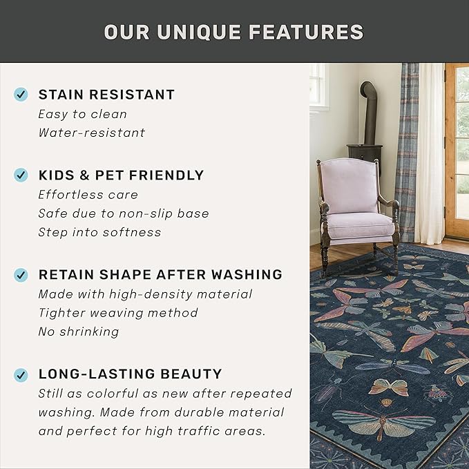 Blue 5x8 Washable Living Room Rugs - Stain Resistant Non Slip Insect Rug for Dining Room, Low Pile & Soft Carpet for Bedroom, Dark Vintage Décor Indoor, Non Skid with Rubber Backing
