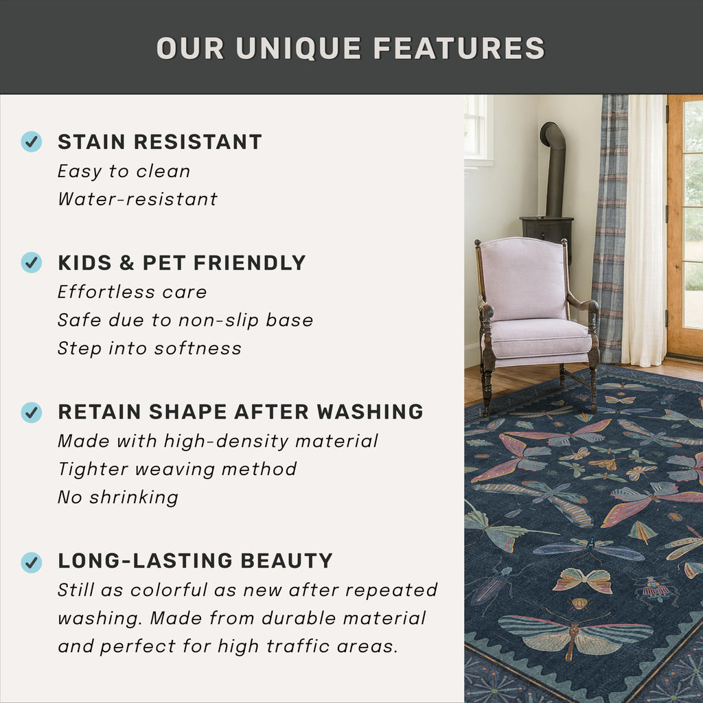 Blue 5x8 Washable Living Room Rugs - Stain Resistant Non Slip Insect Rug for Dining Room, Low Pile & Soft Carpet for Bedroom, Dark Vintage Décor Indoor, Non Skid with Rubber Backing