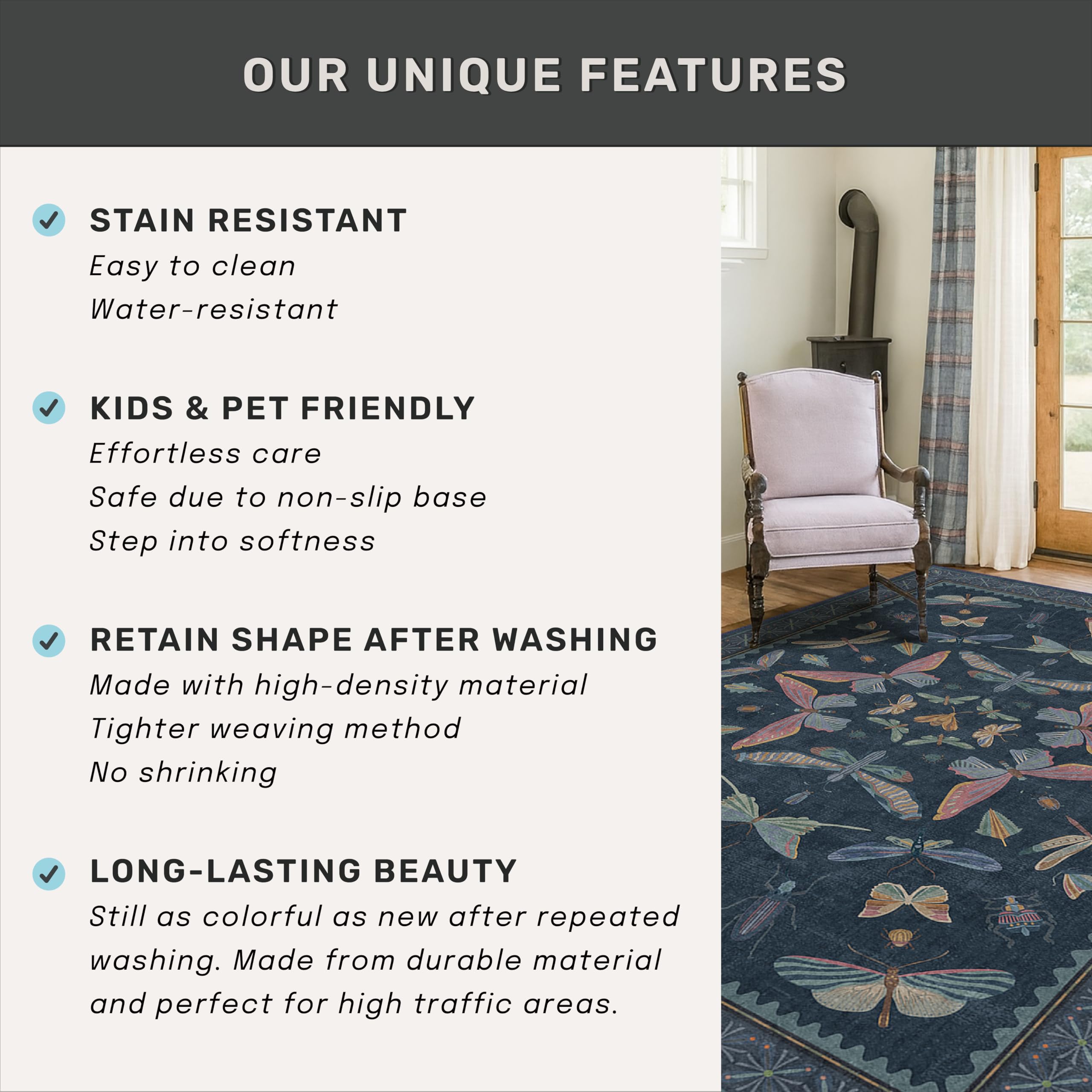 Blue 5x8 Washable Living Room Rugs - Stain Resistant Non Slip Insect Rug for Dining Room, Low Pile & Soft Carpet for Bedroom, Dark Vintage Décor Indoor, Non Skid with Rubber Backing
