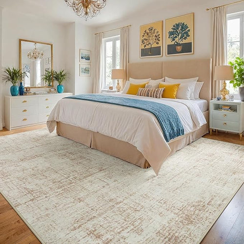 9x12 Washable Area Rug for Living Room Bedroom: Non-Slip Modern Beige White