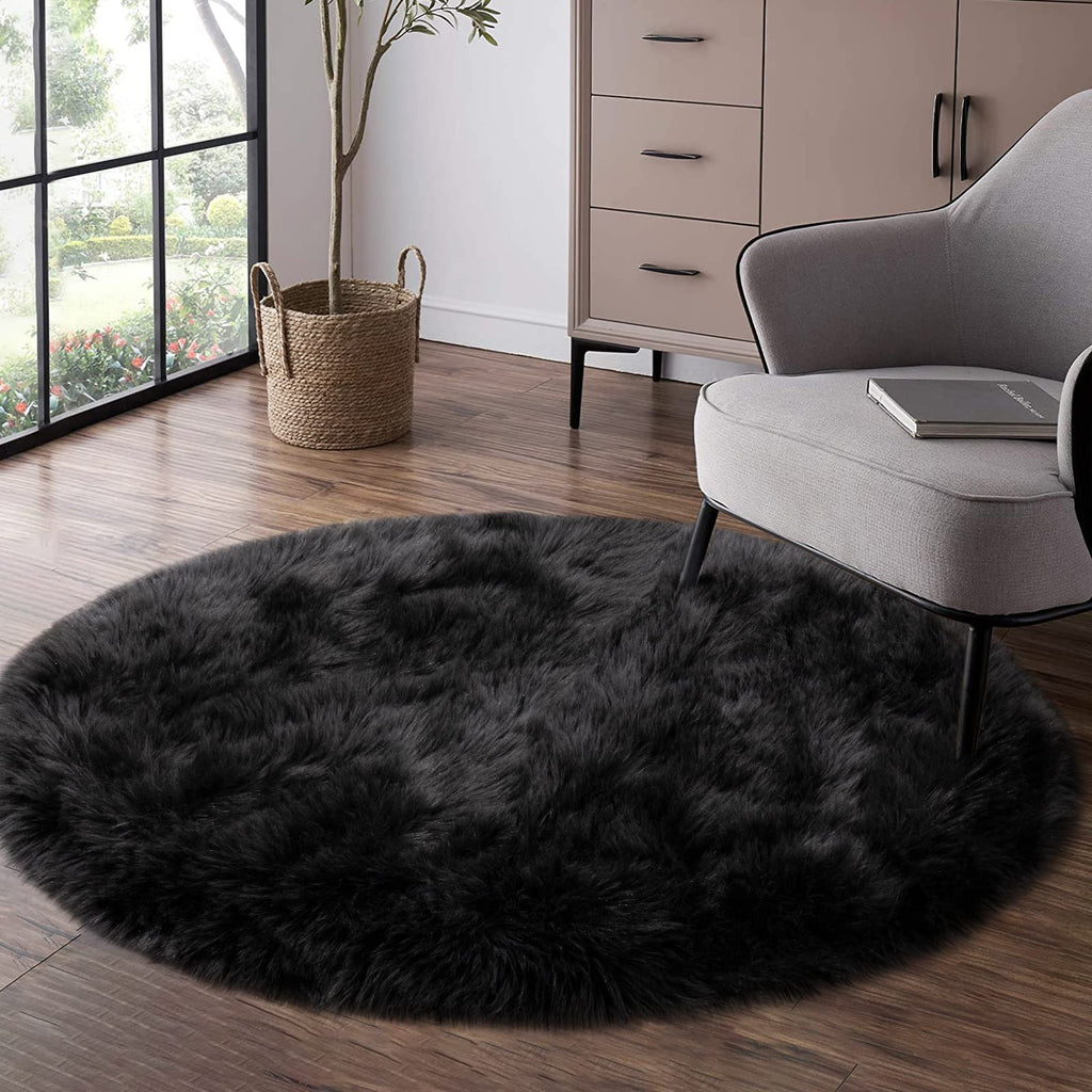 Tangsoo Round Faux Fur Rugs,Sheepskin Round Rugs 3ft,Soft Black Circle Rug