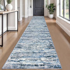 Lansny Modern Abstract Runner Rug 2.6x18, Grey Blue White Washable Long Kitchen Runner Non-Slip Soft Hallway Rug Runner Thin Print Faux Wool Carpet for Entryway Bedroom Laundry Room Indoor Home Decor