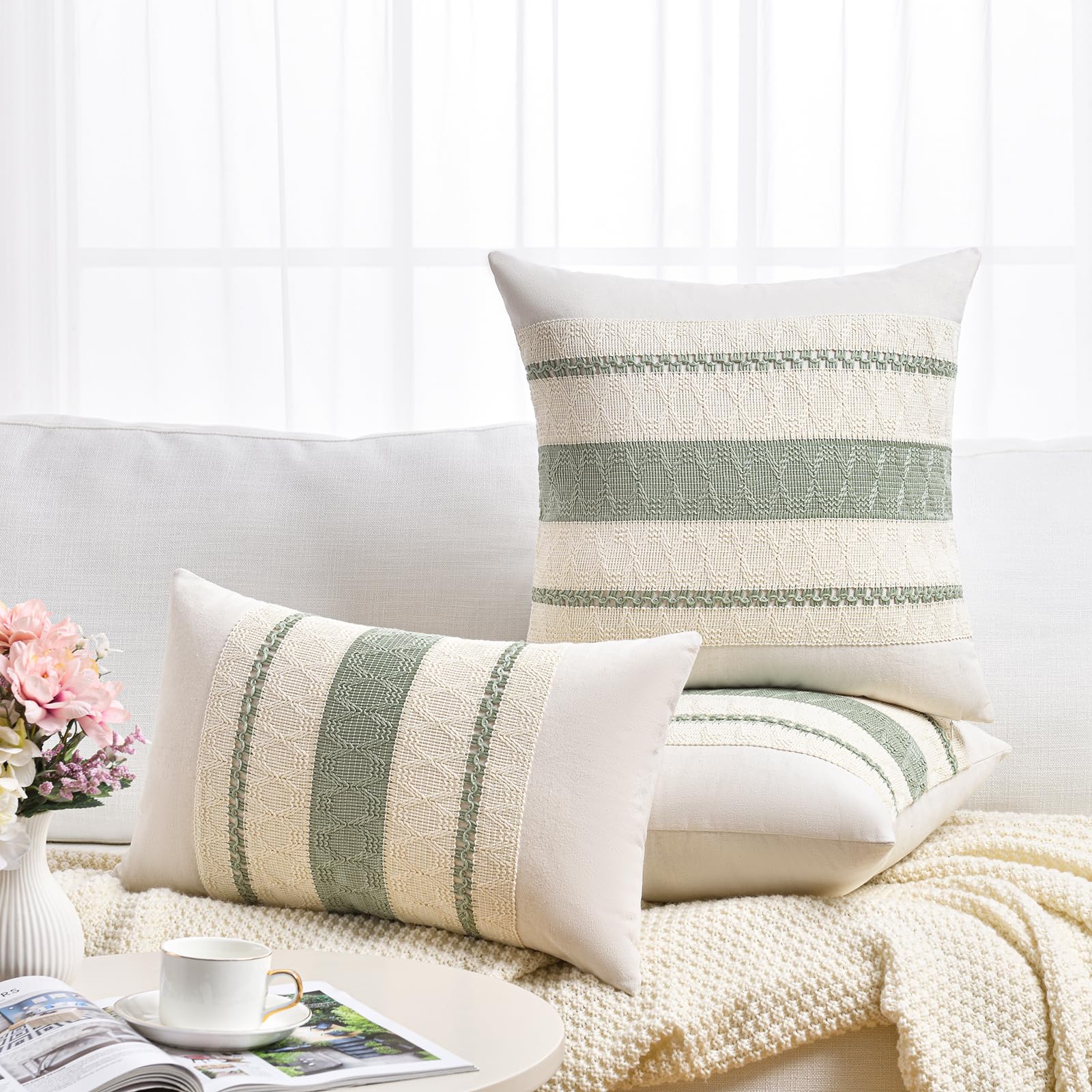 Fancy Homi Set of 1 Sage Green Boho Lumbar Decorative Throw Pillow Covers 16x24 Inch for Living Room Bedroom Couch Bed Sofa, Rustic Retro Cushion Case, Bohemian Room Home Decor, Women Teen Girls Gift
