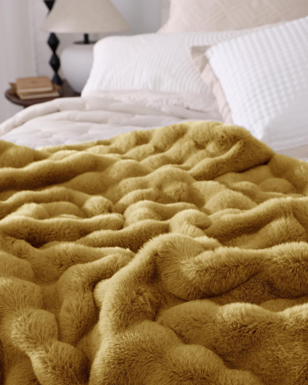 blunique Ultra Soft Cozy Faux Fur Throw Blanket, Fuzzy Plush Thick Bubble Blanket, Oversize Luxury Fluffy Blanket for Couch, Sofa, Bedroom, and Living Room,50x60 Inches, Dark Yellow