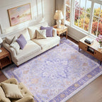 Area Rugs 6'x9' Washable Non-Slip, Floral Vintage Distress Print Pattern Medallion Carpet for Living Room Bedroom Dining Room, Light Purple Brown