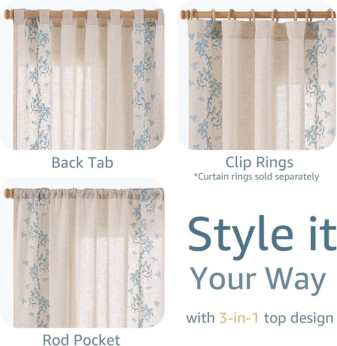jinchan Floral Linen Curtains 96 Inch Farmhouse Backt Tab 2 Panels Blue