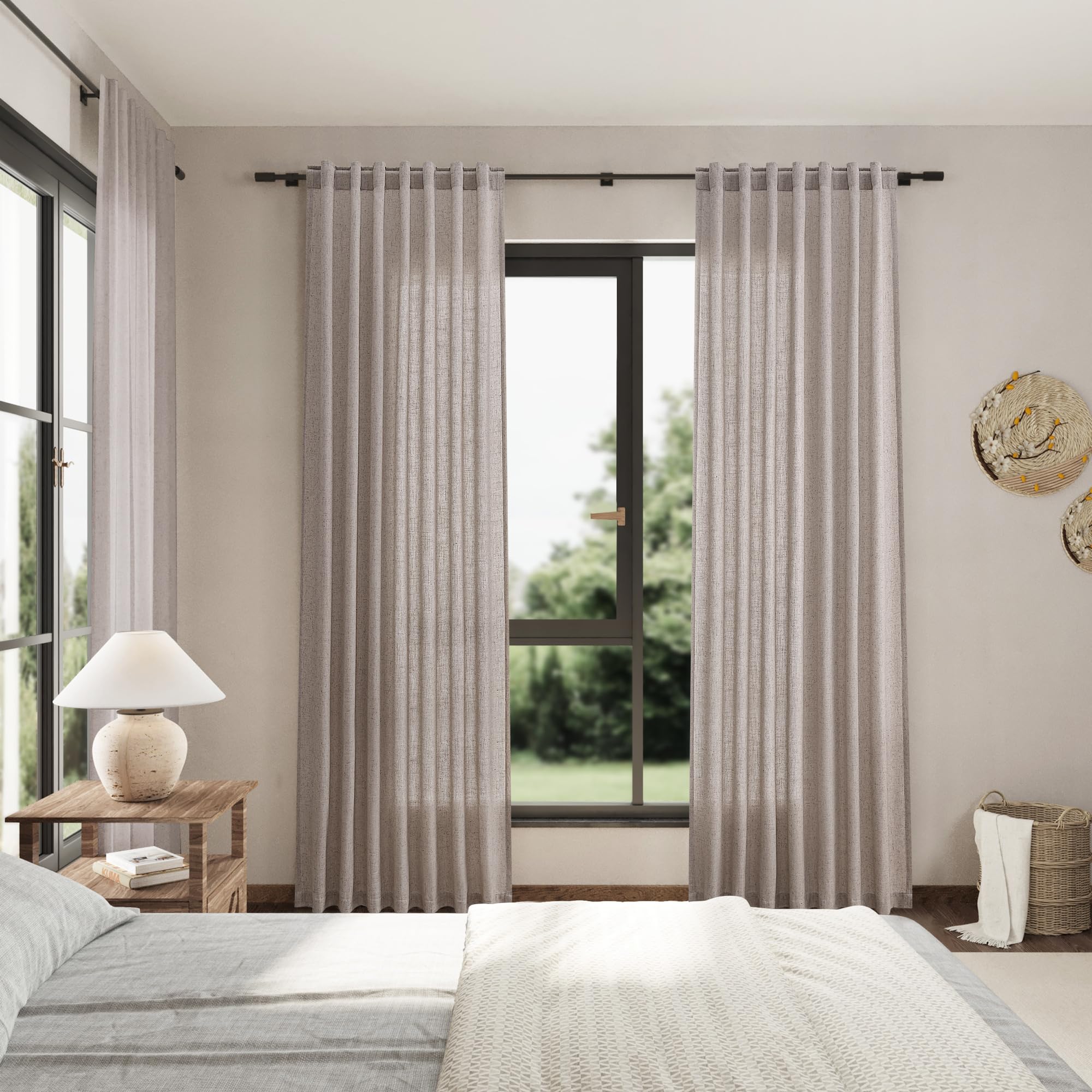 Brownish Grey Linen Curtains 96 Inches Long for Living Room Back Tab Vintage Rustic Farmhouse Light Filtering Curtain Burlap Textured Linen Drapes 96 Inch Length for Dinning Room Bedroom 52x96 8 FT