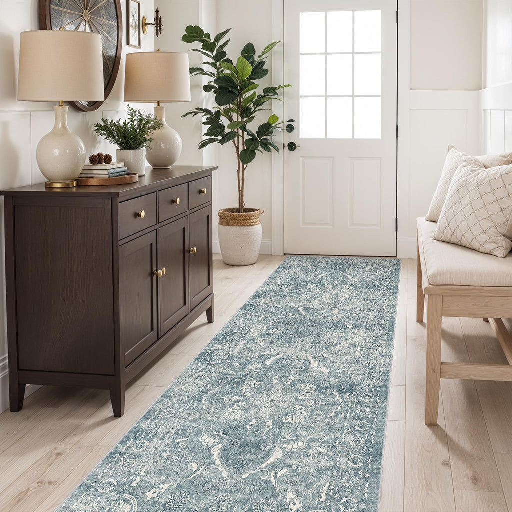 2'6"x8 Washable Runner Rug: Vintage Non-Slip Medallion Rug for Kitchen Blue