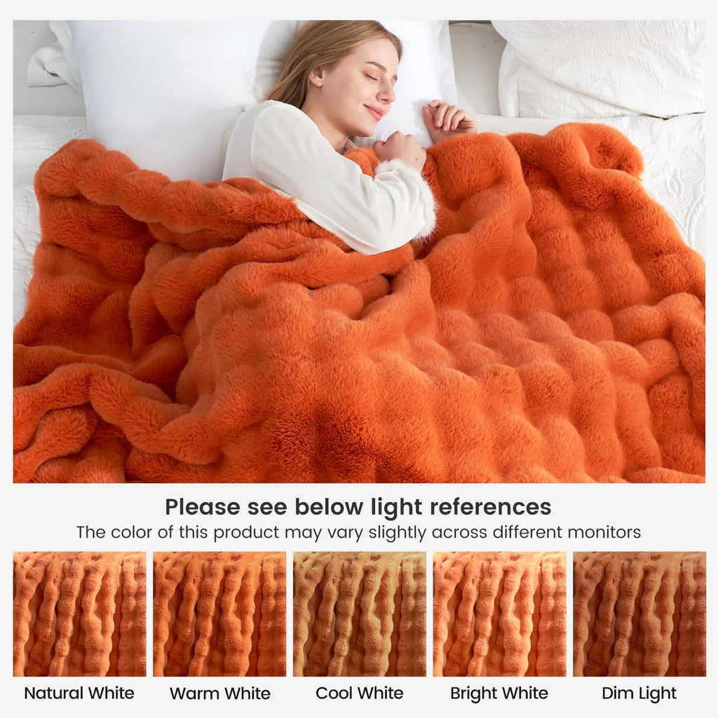 Cozy Bliss Faux Fur Throw Blanket for Couch, Fuzzy Soft Plush Thick Bubble Blanket for Sofa Bedroom Living Room, 50 * 60 Inches Halloween Burnt Orange