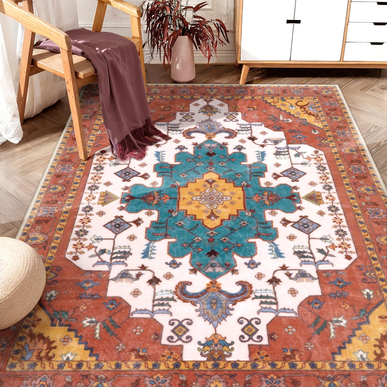 SERISSA 5x7 Washable Non Slip Boho Area Rug for Living Room，Orange
