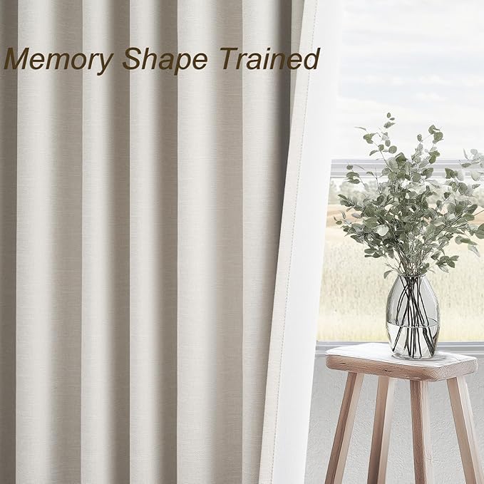 Extra Wide 60 Inch Blackout Curtains 96 Inches Long for Living Room Natural Rustic Textured Linen Back Tab Pleated Dining Room Office Insulated Ceiling Track Window Drapes 60"W x 96"L 2 Panels
