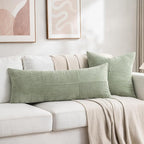 Fancy Homi Set of 2 Sage Green Boho Long Lumbar Body Decorative Throw Pillow Cover 14x36 Inch for Bed Couch Bedroom Bench, Soft Patchwork Corduroy Textured Pillow Case, Rustic Farmhouse Room Décor