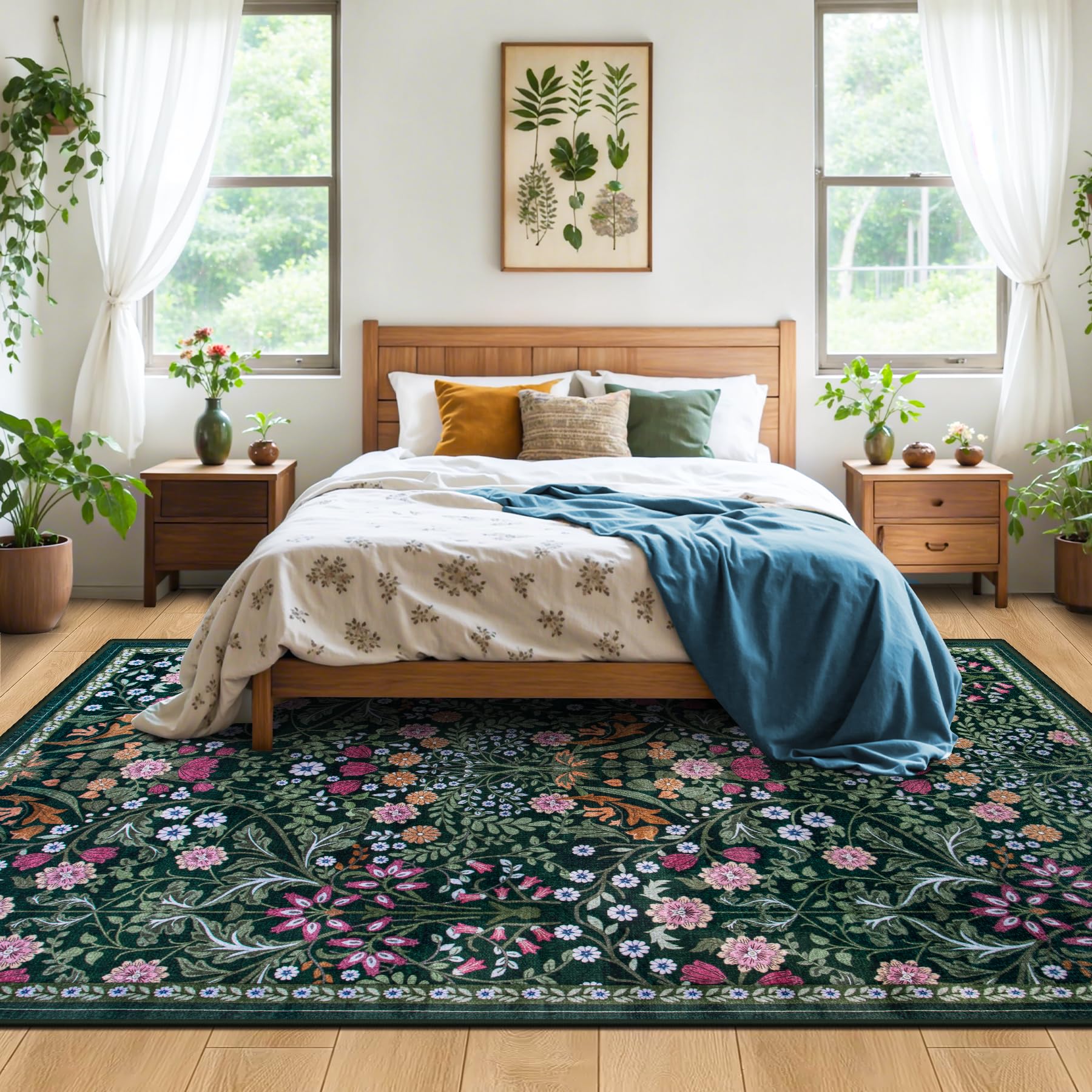 PLHXFR Area Rug Living Room: 4x6 Floral Washable Boho Carpet Dark Green
