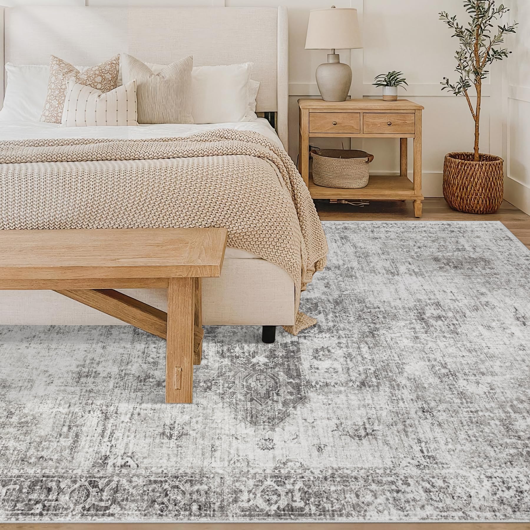VECARF Area Rug 6x9 Washable Rug, Vintage Boho Medallion Rugs Non-Slip Soft Low Pile Large Distressed Rug Indoor Retro Carpet for Living Room Bedroom Dining Room Home Office (Grey, 6'x9')