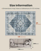 AMADA HOMEFURNISHING 8x10 Washable Area Rug, Low-Profile with Non-Slip Backing & Durable Edge Binding, Vintage Large Rugs for Living Room, Bedroom, Dining Room, Blue